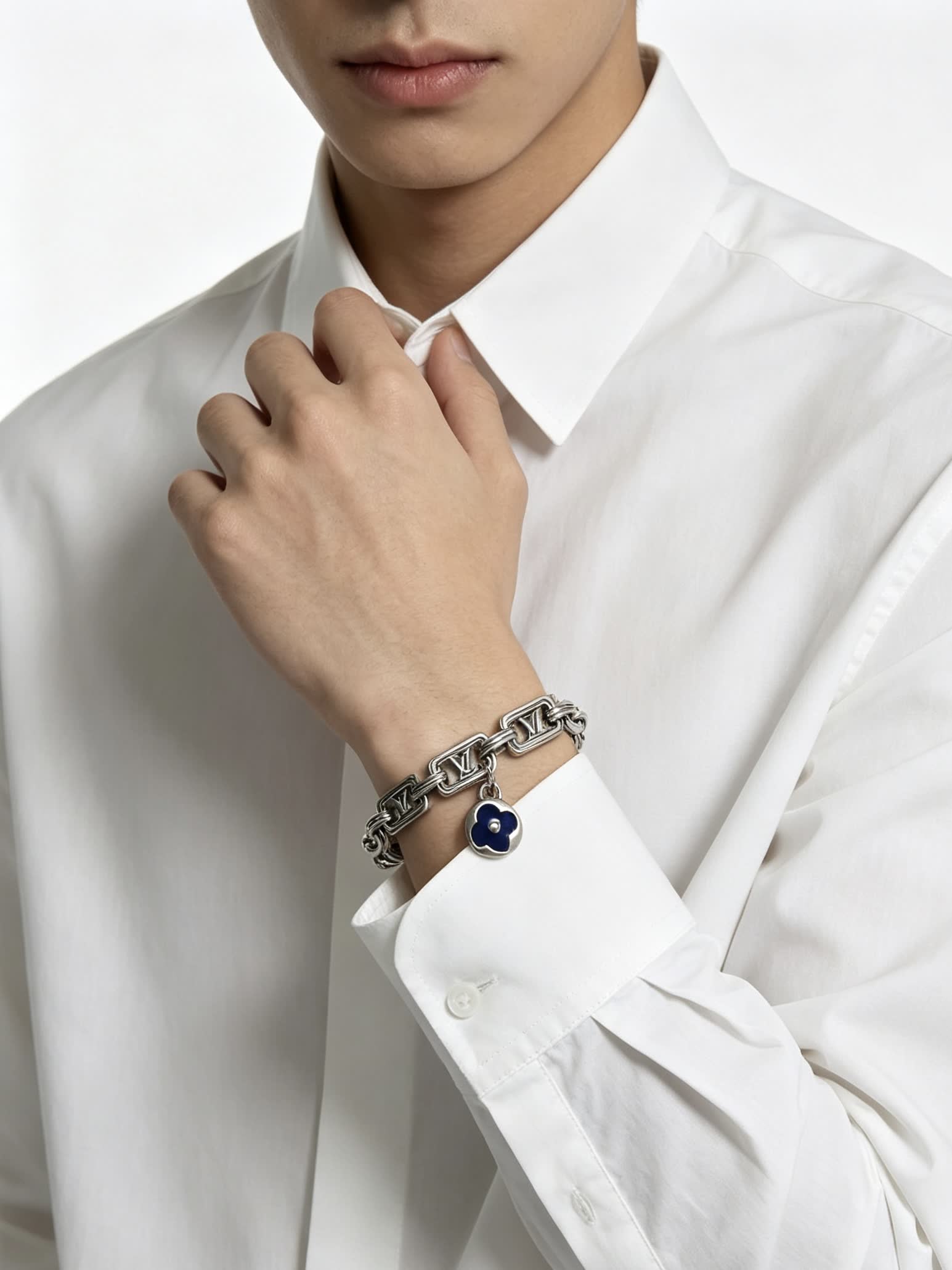 Louis Vuitton Silver Tone Bracelet with Monogram Charm